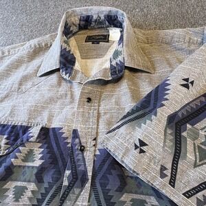 Vintage Ropers Mens Aztec Print Western Button Up Shirt Short Sleeve Gray Size M